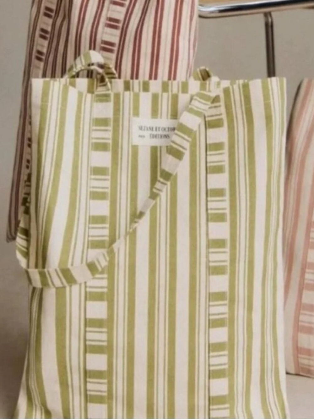Sezane Green Striped Tote Bag